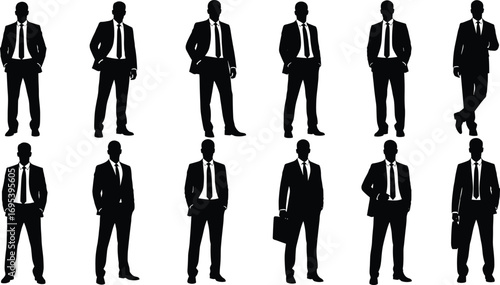 Black silhouette men in formal suits, standing and walking business professionals, confident poses, corporate style, isolated on white background, diverse group