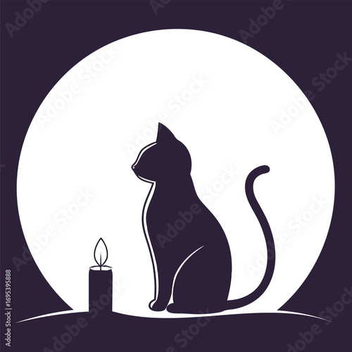 Mysterious black cat silhouetted against a bright full moon with a flickering candle nearby