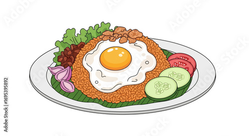 Savory Fried Rice Dish with a Perfectly Fried Egg, Fresh Vegetables, and Crispy Toppings, a Delicious and Satisfying Meal Representing Global Cuisine and Culinary Delights
