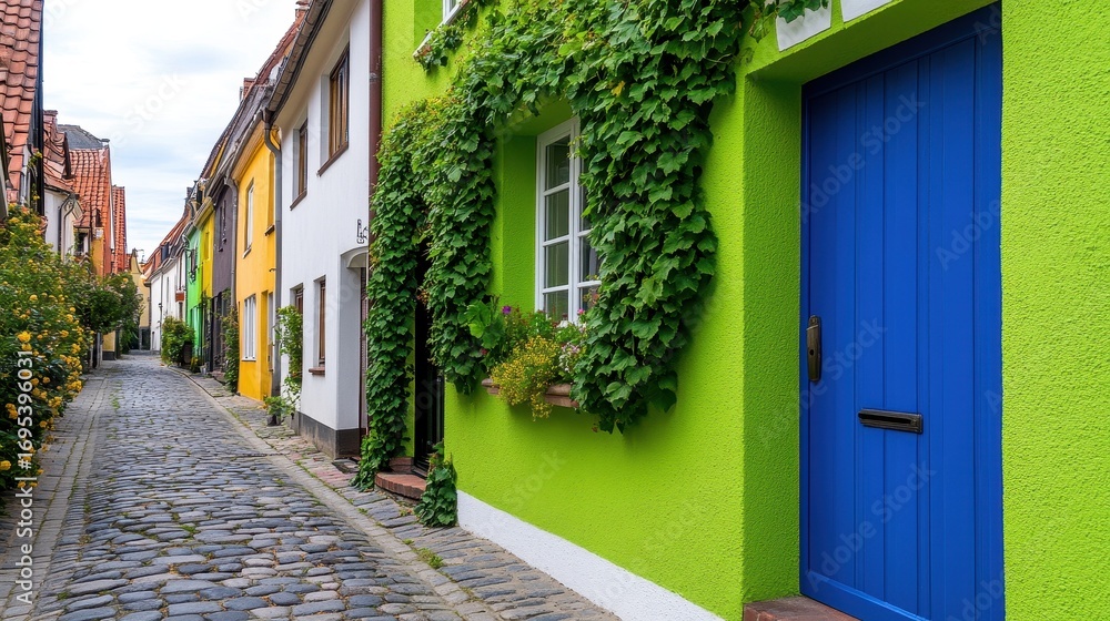 Fototapeta premium Colorful House Facades in Quaint Cobblestone Alleyway Scene