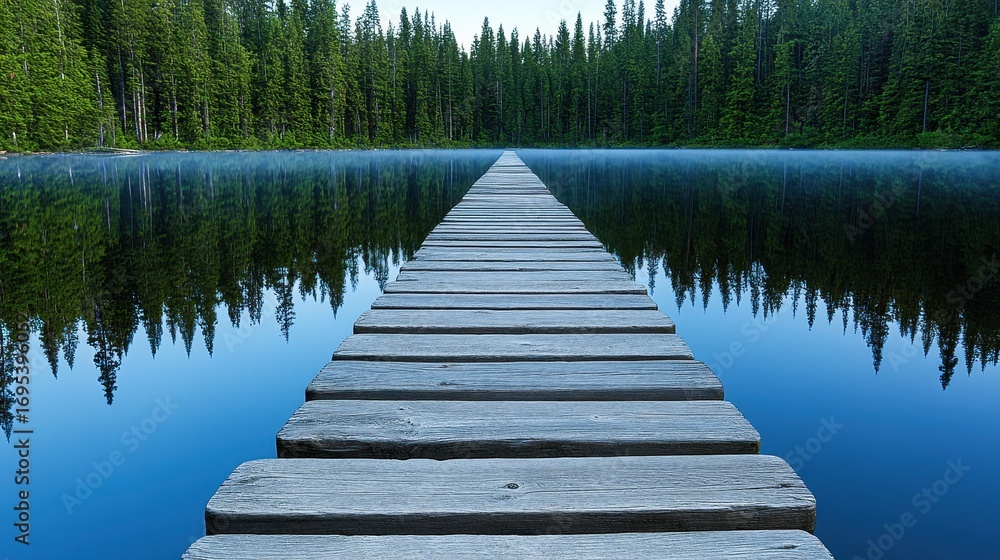 Fototapeta premium Serene Wooden Pier Leading to Calm Reflections in Forest Lake