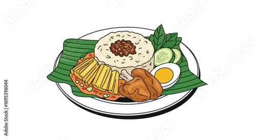 A delicious and traditional nasi lemak dish served on a banana leaf, complete with fried chicken, egg, peanuts, and chili paste, offering a rich culinary experience