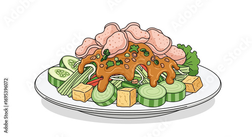 A delicious and vibrant illustration of Gado-Gado, a popular Indonesian salad featuring a medley of fresh vegetables, tofu, and crackers, all generously coated in a rich peanut sauce