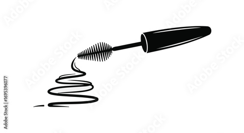 Black mascara wand creating a dynamic swirl on a white background