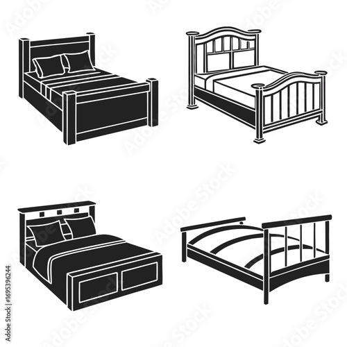Four different style beds with headboards and frames in black and white vector illustration style image
