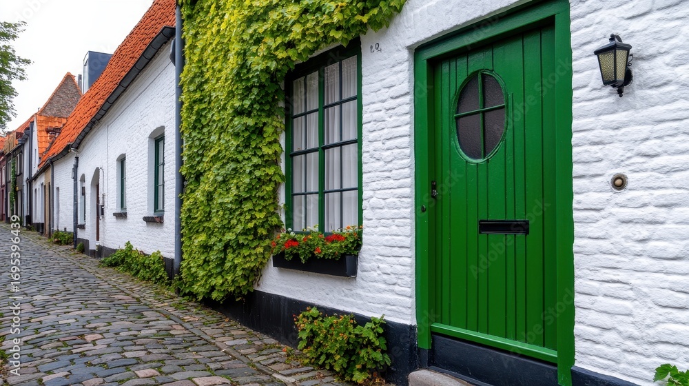 Obraz premium Charming Green Doorway with Ivy in Picturesque Cobblestone Street