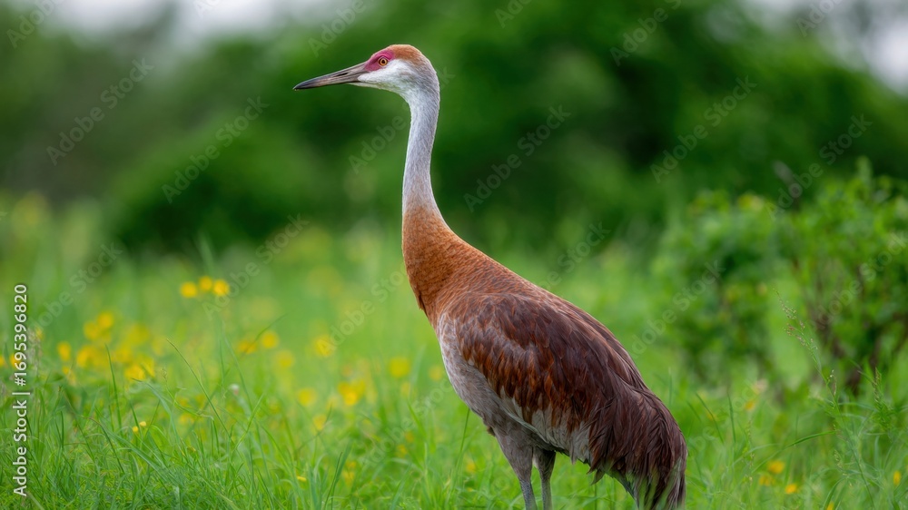 Obraz premium Graceful crane wildflower meadow foraging green summer nature bird tall elegant foraging in wildflower meadow under soft light, calm mood