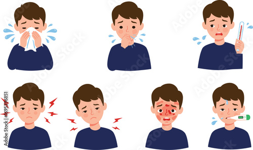 Set of sick boy illustrations with flu and cold symptoms, coughing, sneezing, fever, headache, sore throat, thermometer, healthcare concept