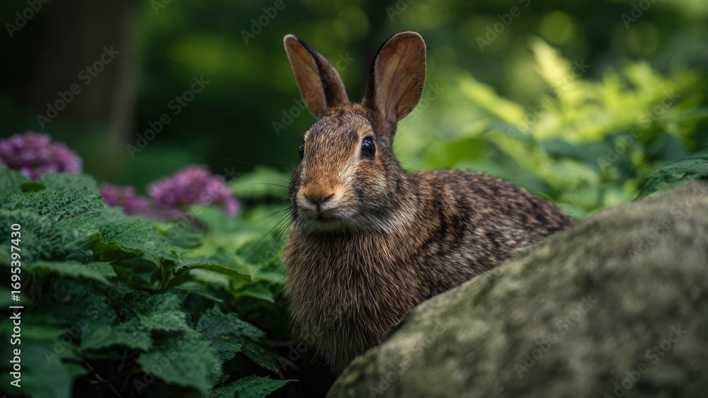 Fototapeta premium Wild rabbit brown fur woodland green foliage soft light alert nature summer foraging in wildflower meadow with gentle calm mood