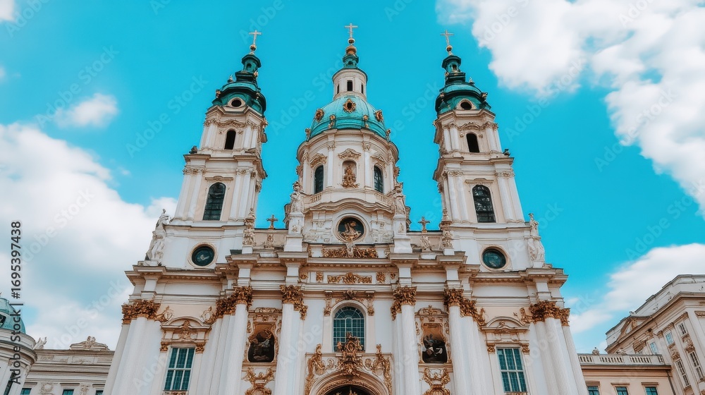 Fototapeta premium Grand Baroque Church with Turquoise Domes Against Blue Sky