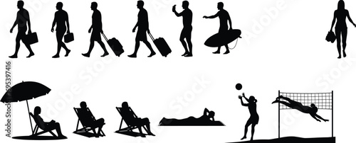 Silhouettes of people walking with luggage, carrying surfboard, relaxing on beach chairs, playing beach volleyball, summer vacation activities on white background