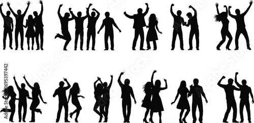 Group of diverse people dancing and celebrating, energetic party silhouettes, friends having fun together, joyful social gathering on white background