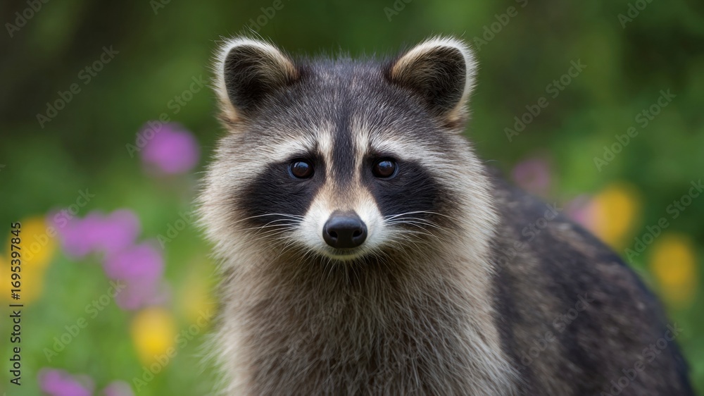 Fototapeta premium Curious raccoon foraging in wildflower meadow under soft light, gentle mood, close view with vivid color and natural bokeh