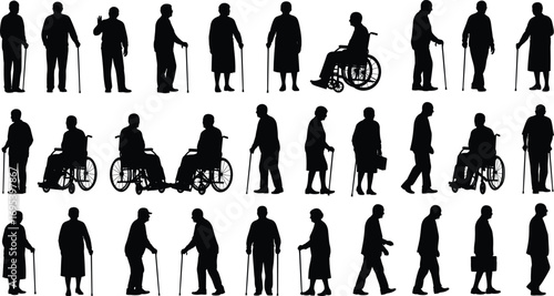 Silhouettes of elderly people walking with cane, using wheelchair, disabled seniors, aged individuals, health care, support, mobility assistance, senior lifestyle concept