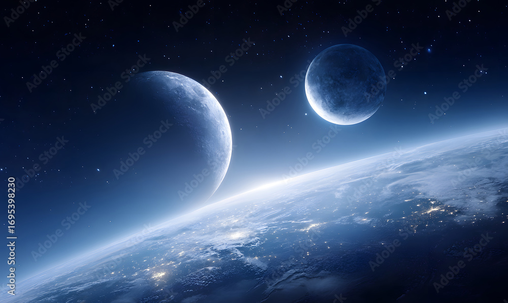 Fototapeta premium Harmonious cosmic view of Earth and Moon shining brightly against a star-filled deep space backdrop showcasing celestial beauty and vast universe. generative aI