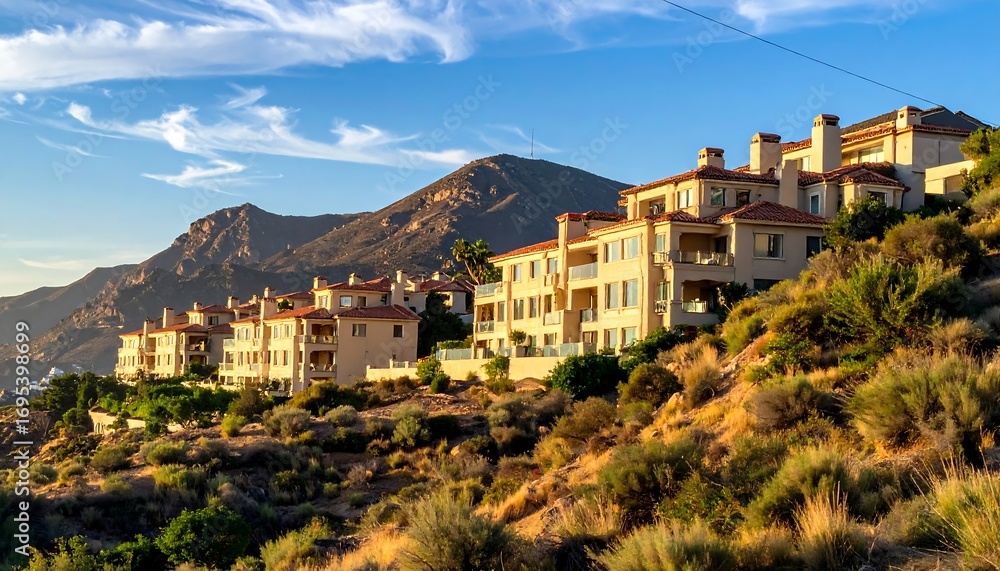 Obraz premium A hillside community of light beige apartment buildings sits nestled against a backdrop of mountain peaks under a partly cloudy sky.
