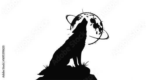 Silhouette of a wolf howling at a full moon with orbiting rings, evoking wildness and mystery.