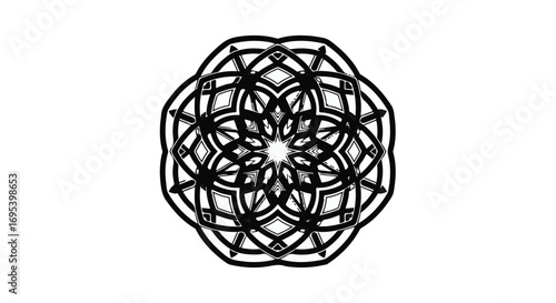Intricate geometric mandala pattern in black and white, symbolizing harmony and symmetry.