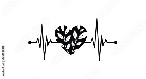 Heartbeat line with a leafy heart symbol, representing health and nature