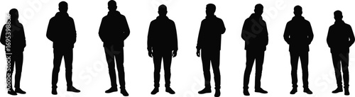 Silhouettes of standing men in casual hoodies, urban male figures, modern fashion, black vector people icons for streetwear and design
