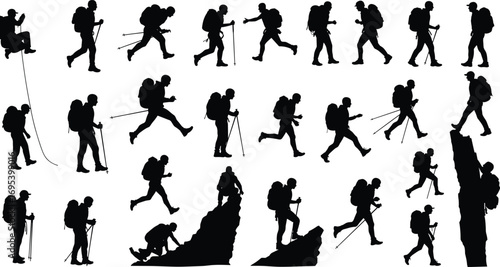Silhouette of hikers climbing mountains, trekking, walking, mountaineering, exploring nature with backpacks, sticks, and gear in outdoor adventure scenes
