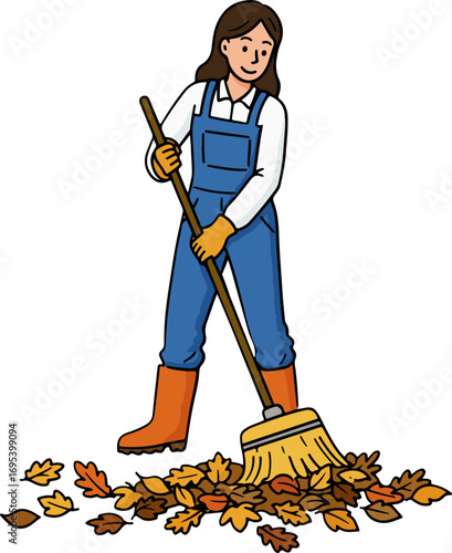 A female street cleaner sweeping fallen leaves