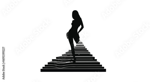 Silhouette of a woman elegantly posed on a cascading staircase, symbolizing ambition and achievement.