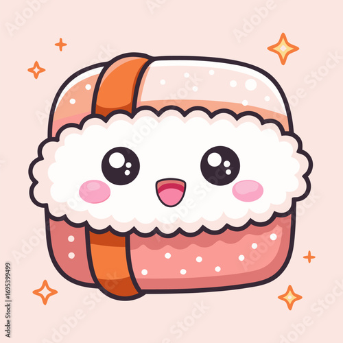 A charming and cute cartoon of a kawaii sushi character with a big smile, blush cheeks, and sparkly eyes on a soft pink background.