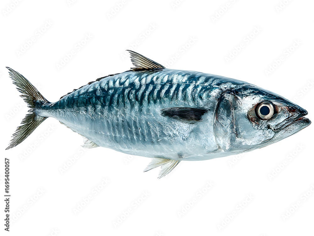 Fototapeta premium A single fresh mackerel fish displays its silver and blue iridescent skin against a plain white background.
