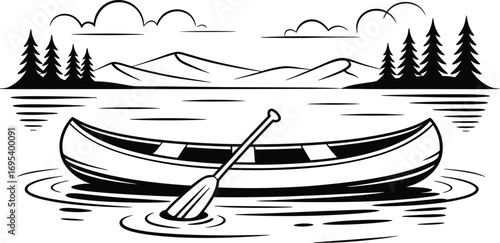 Canoe on a serene lake with mountains and trees