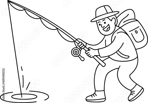 Happy Fisherman with Backpack and Fishing Rod