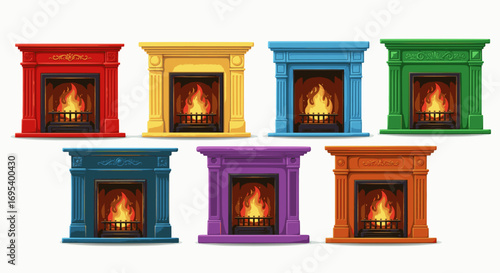 Stylized cartoon illustrations of brick fireplaces, each with a roaring fire and logs. With variations in brick color and design, the image offers a clean, graphic representation of a home's hearth.
