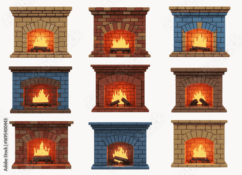 Stylized cartoon illustrations of brick fireplaces, each with a roaring fire and logs. With variations in brick color and design, the image offers a clean, graphic representation of a home's hearth.