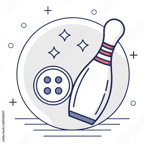 Illustration of a bowling pin, a button, and decorative elements inside a circular shape design