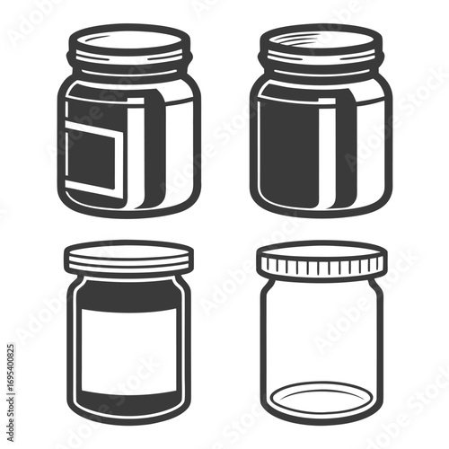 Collection of four mason jars with different designs showcasing canning and storage solutions in black and white