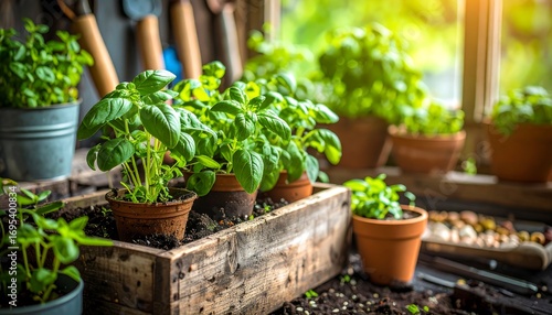 Indoor gardening featuring vibrant basil plants on a sunlit window sill