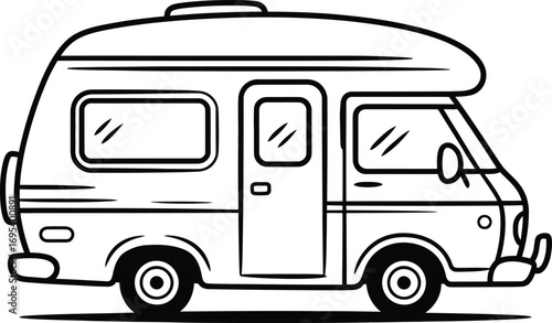 Black and White Line Art of a Camper Van