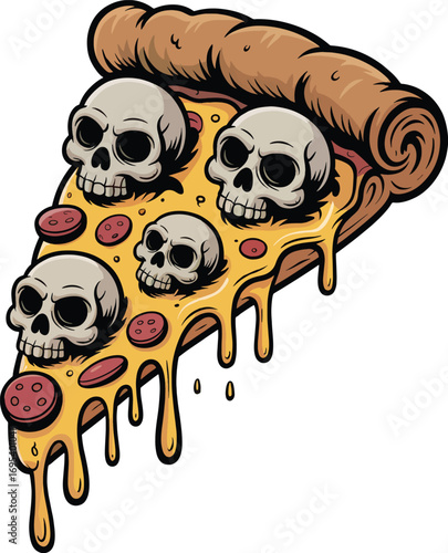 Creepy skull pizza slice food art spooky halloween scary delicious treat graphic vector