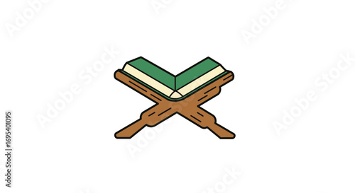 Open Quran on Wooden Rehal Stand with Green Pages and White Text.