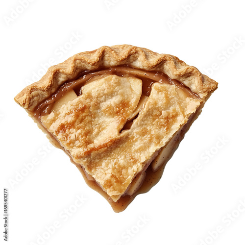 A slice of caramel apple pie with a flaky crust and glossy filling