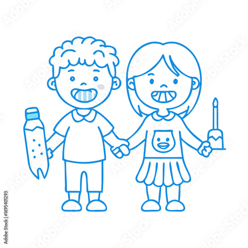 Teeth cleaning concept in thin line style for kids. Two happy tooth, boy and girl, are holding hands with toothpaste and brush and smiling. Vector ... See More