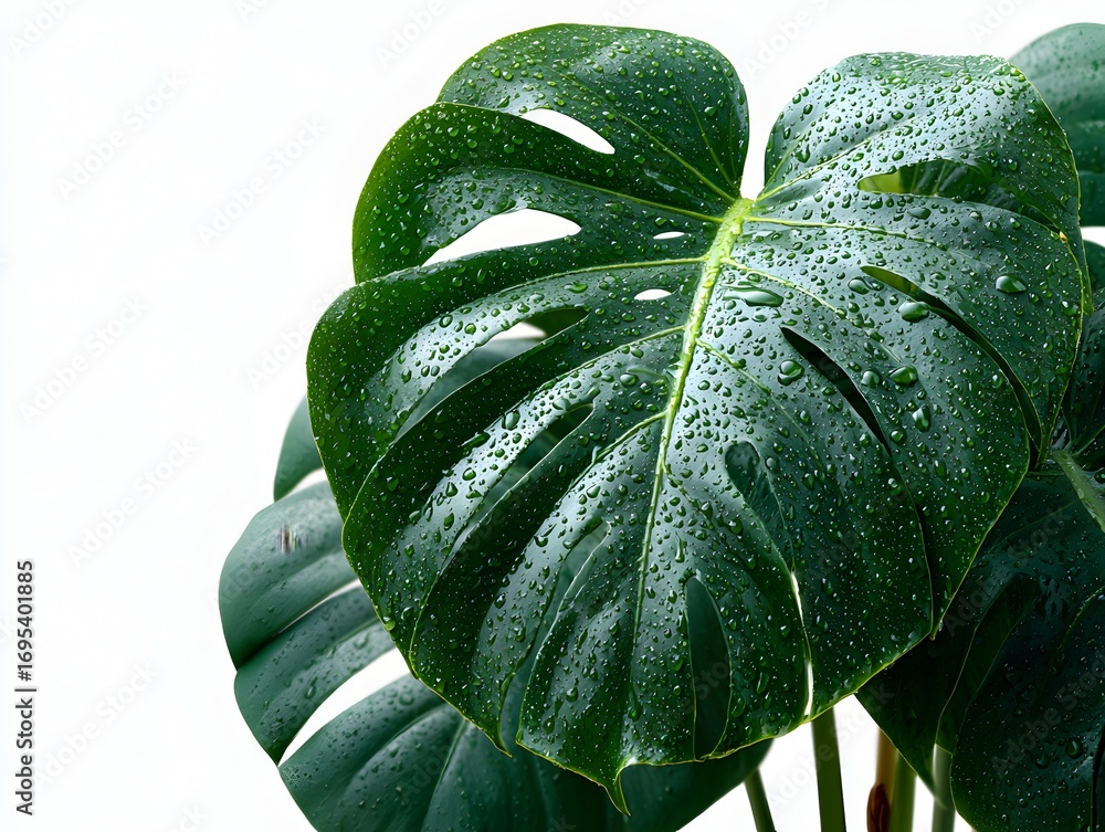 Obraz premium A vibrant monstera deliciosa leaf glistens with fresh water droplets against a clean, bright white background.