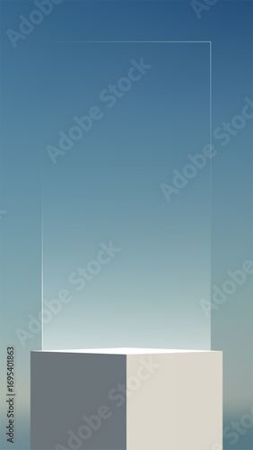 mockup display showcase with transparent glass pane on minimalist pedestal glowing under spotlight gradient blue grey background for product branding presentation advertising template