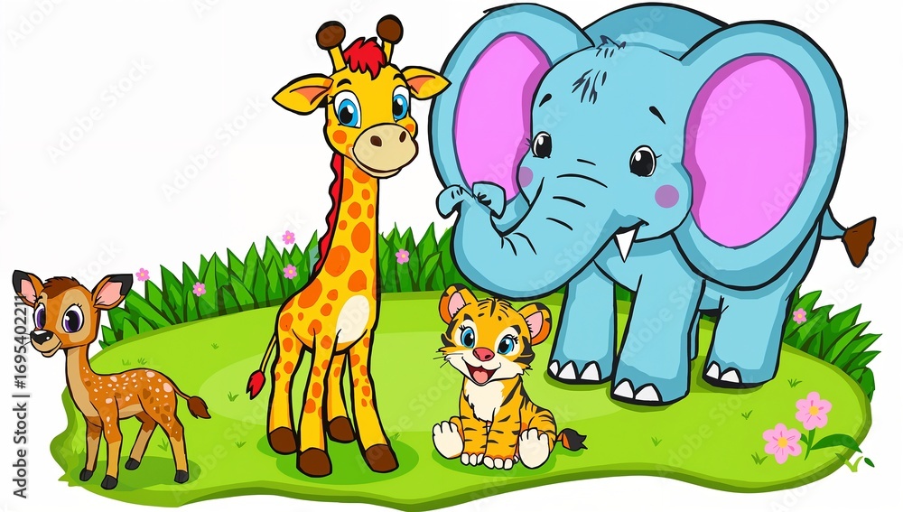 Naklejka premium Cartoon animals on green grass with flowers giraffe