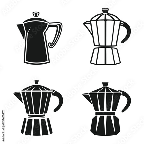 Four black and white coffee makers in different styles on a white background in a square format image