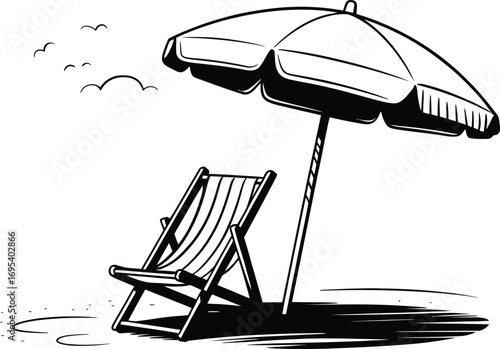 Beach chair and umbrella with birds in the sky