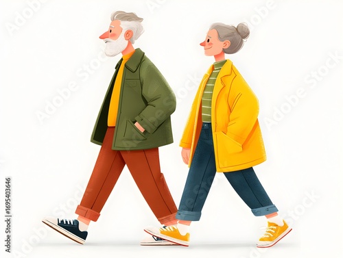 An elderly couple strolls together happily side by side wea fashionable casual clothes in cute cartoon style.