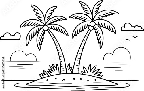 Tropical Island with Palm Trees and Clouds