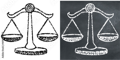 Chalk hand-drawn scale of justice vector. Perfect for legal, ethical, and fairness themes. Evokes a classic, sketchy feel with a rough, textured aesthetic.