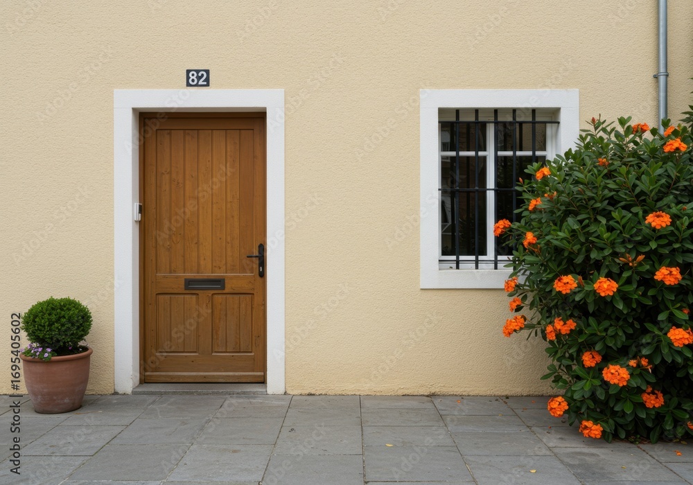 Fototapeta premium Mediterranean Building Facade with Orange Flowers